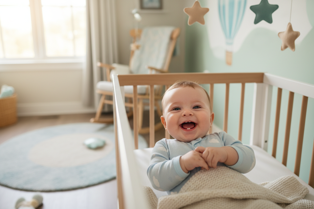 baby in crib happy