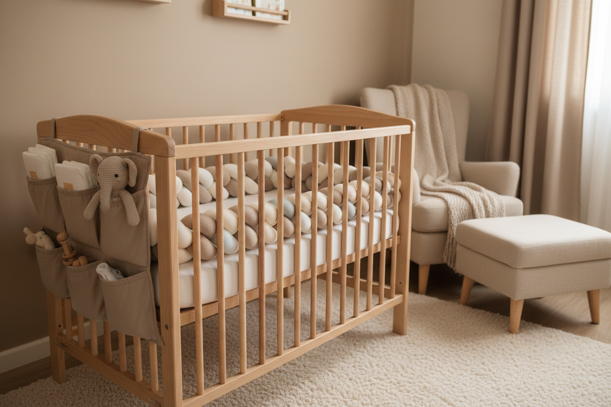 I need a picture of baby room beige and in the crib please add Cushion Knotted Braid  and also add Bedside Hanging Diaper Nursery Organizer for Diapers Toys Clothing